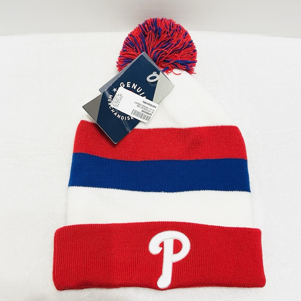 Fanatics Philadelphia Phillies Striped Pom‎ Beanie Knit Cuff Hat Cap Red MLB